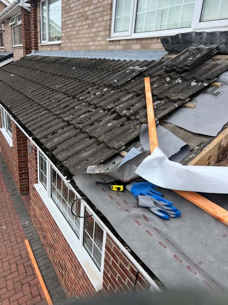 This is a photo of a pitched roof which is being repaired. The existing roof was leaking badly. Works carried out by LJ Roofing Wantage